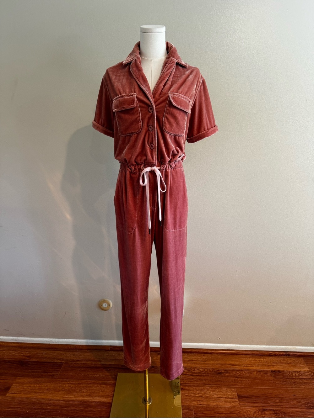 Rachel Antonoff Velvet Short-Sleeve Drawstring Jumpsuit in Dusty Rose